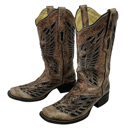 Corral Shoes - Corral Western Boots Angel Wing Inlay Embellished Leather Cowboy Womens 7.5M